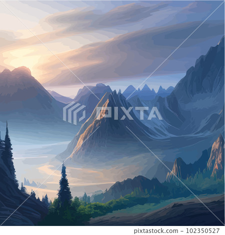 Incredible mountain landscape with forest and river. Vector illustration. 102350527