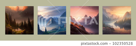 Incredible mountain landscape with forest and river. Vector illustration. 102350528