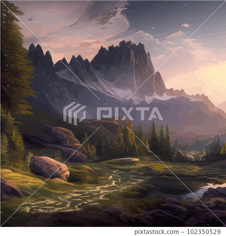 Incredible mountain landscape with forest and river. Vector illustration. 102350529