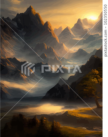 Vertical landscape with mountains and river. Beautiful mountain range view 102350550