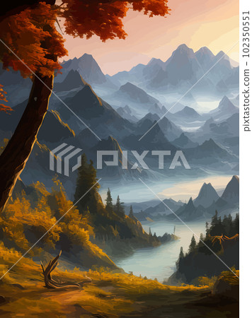 Vertical landscape with mountains and river. Beautiful mountain range view 102350551