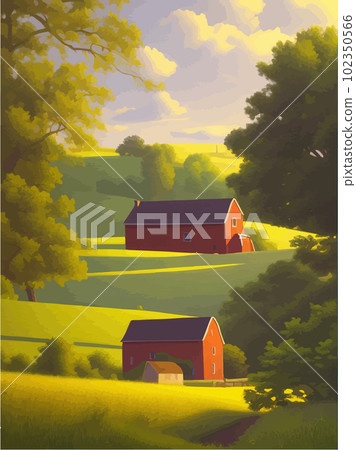 Rural landscape with sunny summer day in village. Beautiful summer fields 102350566