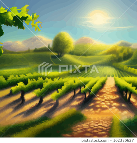 Beautiful grape plantation hills, trees, clouds against backdrop of mountains 102350627