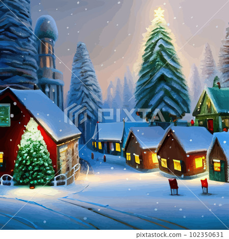 Merry Christmas and Happy New Year. Winter forest, city street with houses 102350631