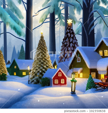 Winter is coming Snowy night with coniferous forest houses in snow light 102350638