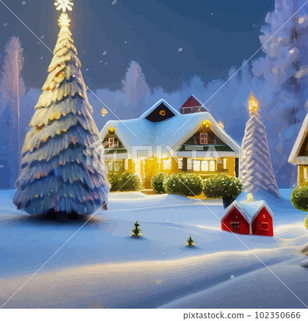 Merry Christmas and Happy New Year. Winter forest, city street with houses 102350666