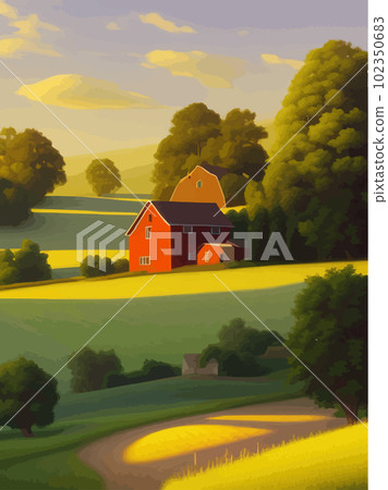 Rural landscape with sunny summer day in village. Beautiful summer fields 102350683