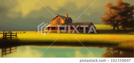 Green valley landscape. Summer season on the lake with a picturesque view. 102350697