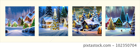 Nice winter landscape. Fabulous Lovely houses with warm light in the windows 102350704