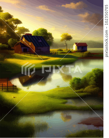 Lake houses, summer natural landscape vector illustration. Cartoon beautiful Lake houses, summer natural landscape vector illustration. Cartoon beautiful 102350705