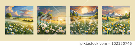 banner set chamomile field vector illustration A field of wild white flowers of daisies banner set chamomile field vector illustration A field of wild white flowers of daisies 102350746