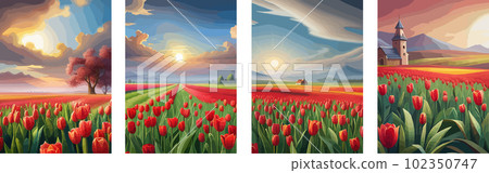 Banner set tulips flowers. Paint red tulip flowers at field with green blue sky Banner set tulips flowers. Paint red tulip flowers at field with green blue sky 102350747