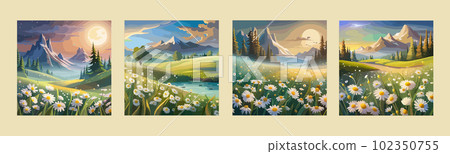 banner set chamomile field vector illustration A field of wild white flowers of daisies banner set chamomile field vector illustration A field of wild white flowers of daisies 102350755