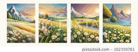 banner set chamomile field vector illustration A field of wild white flowers of daisies  102350761