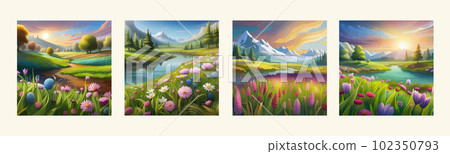 Banner set Field spring wild flowers against backdrop mountains lit by morning 102350793