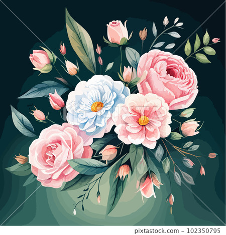 Watercolor floral bouquet blush pink roses flower green leaf leaves branches Watercolor floral bouquet blush pink roses flower green leaf leaves branches 102350795
