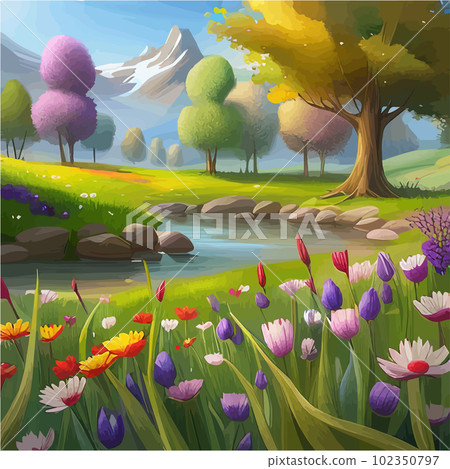 Spring landscape in green field colorful wildflowers and sunset, cartoon rural 102350797