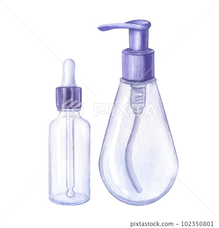 Purple transparent plastic glass cosmetic pipette dispenser bottle. Hand draw watercolor illustration isolated on white background. Skin care products 102350801
