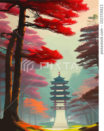 Torii japanese shinto next to japanese colored forest with mountains Torii japanese shinto next to japanese colored forest with mountains 102350821