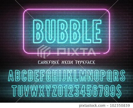 Bubble night light extra glowing effect hollow font with numbers on dark brick background. Vector blue neon alphabet Bubble night light extra glowing effect hollow font with numbers on dark brick background. Vector blue neon alphabet 102350839