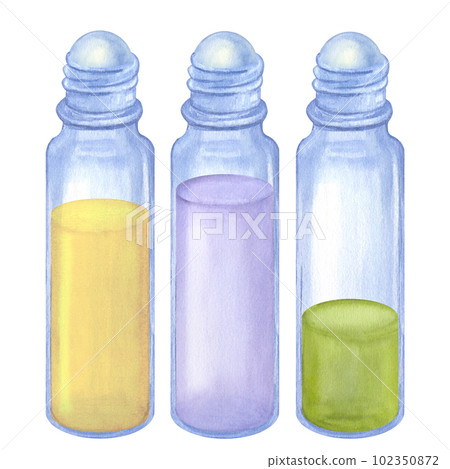 Glass Roller Ball Bottle cosmetic essential oil. Yellow, green, lilac. Hand draw watercolor illustration isolated on white background. Beauty skincare product packaging Glass Roller Ball Bottle cosmetic essential oil. Yellow, green, lilac. Hand draw watercolor illustration isolated on white background. Beauty skincare product packaging 102350872