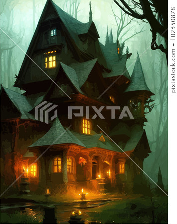 Creepy haunted house with weathered, vintage look for Halloween and other 102350878