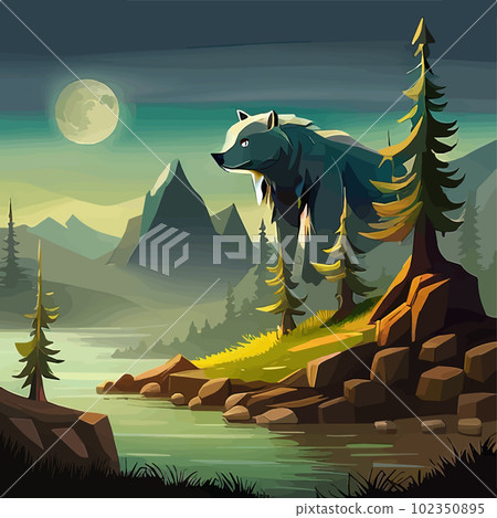 Vector illustration brown bear standing by a river in forest with mountains Vector illustration brown bear standing by a river in forest with mountains 102350895