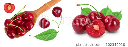 red sweet cherry in wooden bowl isolated on white background with full depth of field, Top view. Flat lay red sweet cherry in wooden bowl isolated on white background with full depth of field, Top view. Flat lay 102350918