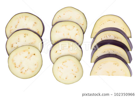 Eggplant or aubergine slices isolated on white background with full depth of field. top, view, flat lay 102350966