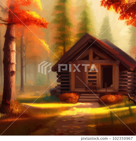 Old wooden hut in autumn forest. In bright orange colors autumn. To protect Old wooden hut in autumn forest. In bright orange colors autumn. To protect 102350967