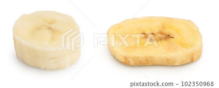 banana pieces fresh and dried isolated on white background with full depth of field. banana pieces fresh and dried isolated on white background with full depth of field. 102350968