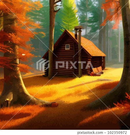 Old wooden hut in autumn forest. In bright orange colors autumn. To protect Old wooden hut in autumn forest. In bright orange colors autumn. To protect 102350972