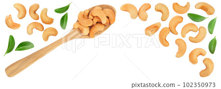 Roasted Cashew nuts in spoon isolated on white background . Top view with copy space for your text. Flat lay 102350973