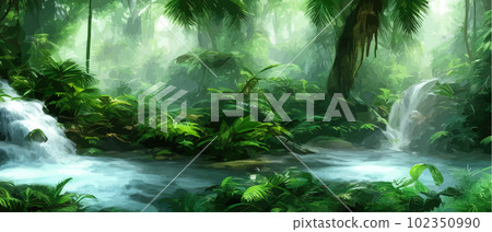Jungle waterfall vector illustration. Fantasy mystical fauna. Tropical forest Jungle waterfall vector illustration. Fantasy mystical fauna. Tropical forest 102350990