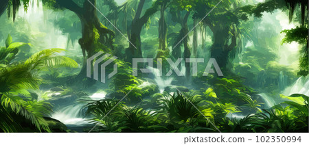 Jungle waterfall vector illustration. Fantasy mystical fauna. Tropical forest Jungle waterfall vector illustration. Fantasy mystical fauna. Tropical forest 102350994