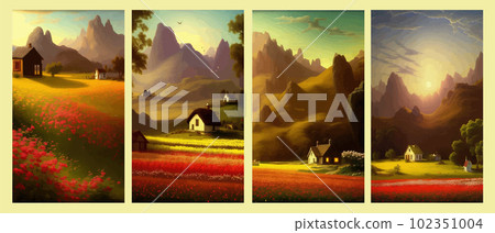 Summer country landscape with a field of flowers and farm and mountains 102351004