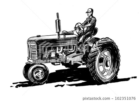 Farmer on tractor. Hand-drawn ink on paper black and white drawing 102351076