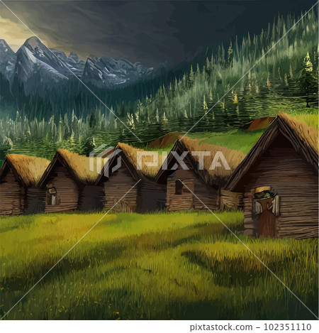 Wooden house on meadow against backdrop forests and mountains. Forester Shack. Wooden house on meadow against backdrop forests and mountains. Forester Shack. 102351110