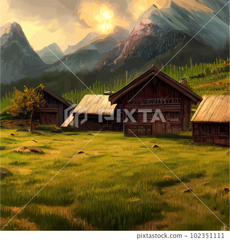 Wooden house on meadow against backdrop forests and mountains. Forester Shack. 102351111
