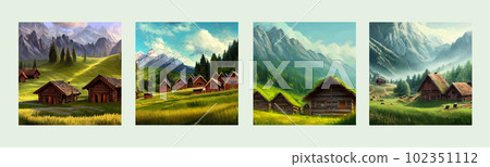 Wooden house on meadow against backdrop forests and mountains. Forester Shack. 102351112