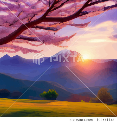 Spring landscape with cherry blossom sakura, green meadow on hill, blue sky 102351138