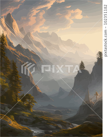 Vertical landscape with mountains and river. Beautiful mountain range view Vertical landscape with mountains and river. Beautiful mountain range view 102351182
