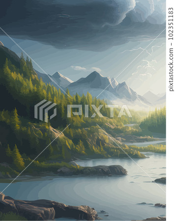 Vertical landscape with mountains and river. Beautiful mountain range view 102351183