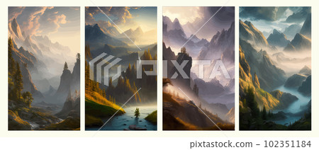Vertical landscape with mountains and river. Beautiful mountain range view Vertical landscape with mountains and river. Beautiful mountain range view 102351184