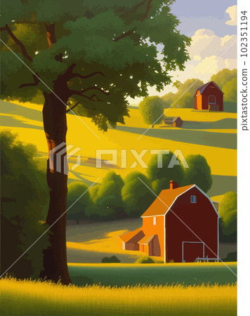 Rural landscape with sunny summer day in village. Beautiful summer fields 102351194