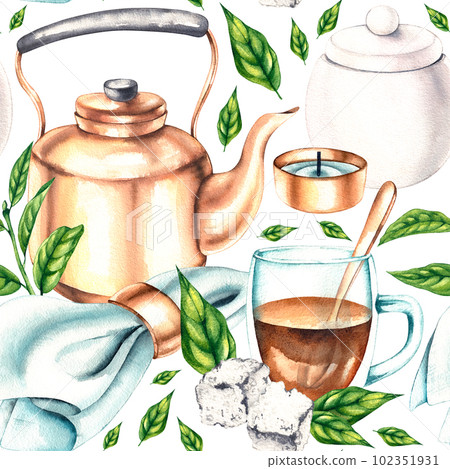 Watercolor pattern of tea drinking utensils 102351931