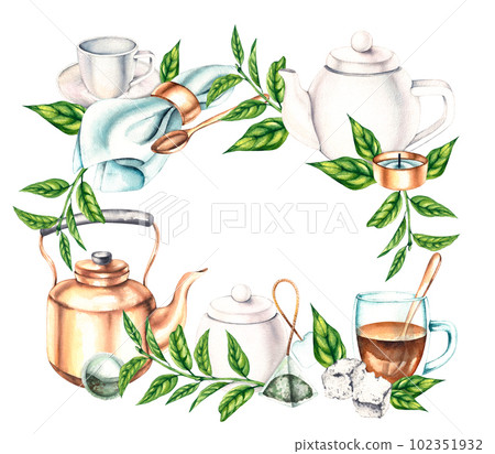 Watercolor frame made of utensils for tea drinking 102351932