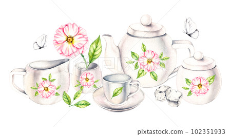 Watercolor composition of porcelain dishes, flowers, bouquets, butterflies on white Watercolor composition of porcelain dishes, flowers, bouquets, butterflies on white 102351933