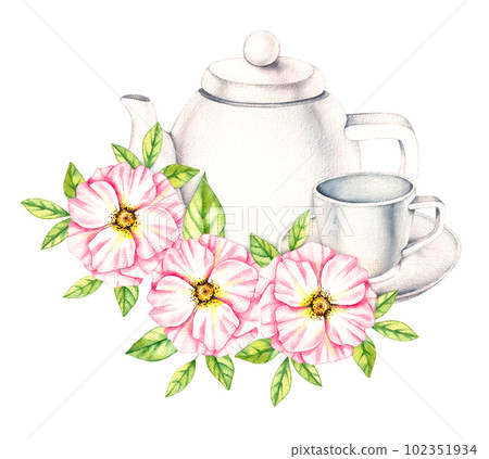 Watercolor composition from a porcelain cup and teapot, flowers, bouquets 102351934