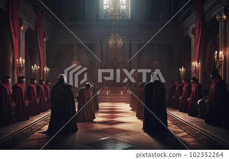 Secret society ceremony. Sect members at dark hall. Generative AI 102352264